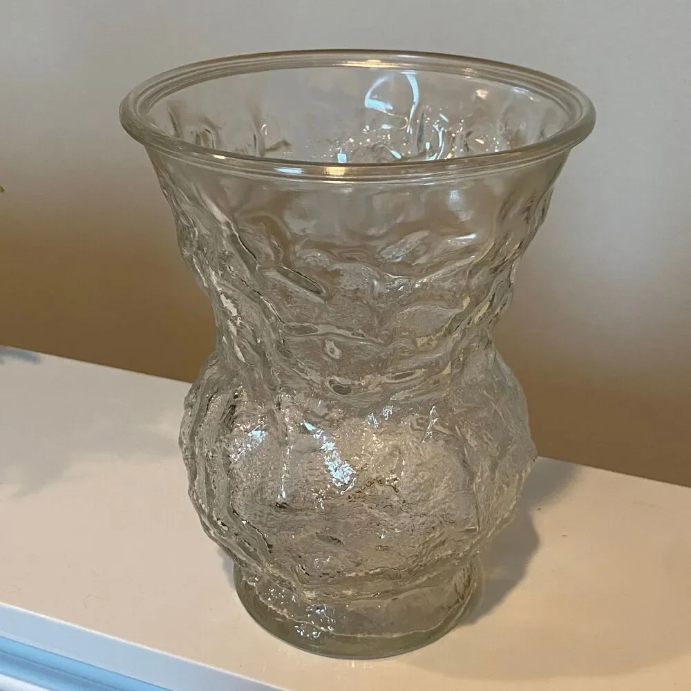 Vintage Large Vase Clear Crinkle Glass 8”